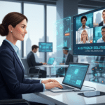 Businesswoman engaged in virtual sync meeting with AI outreach agents