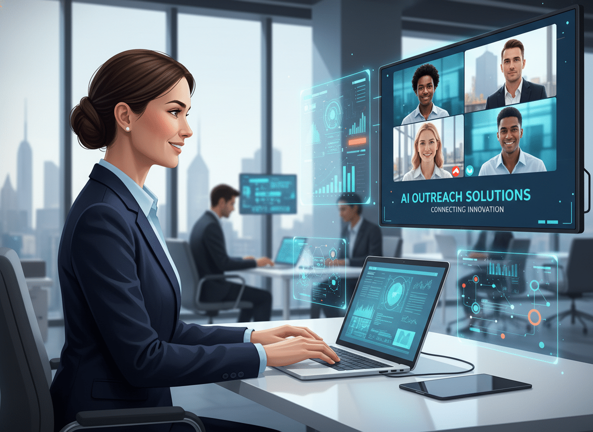 Businesswoman engaged in virtual sync meeting with AI outreach agents